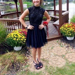 Black Sherri hill high neck open back dress